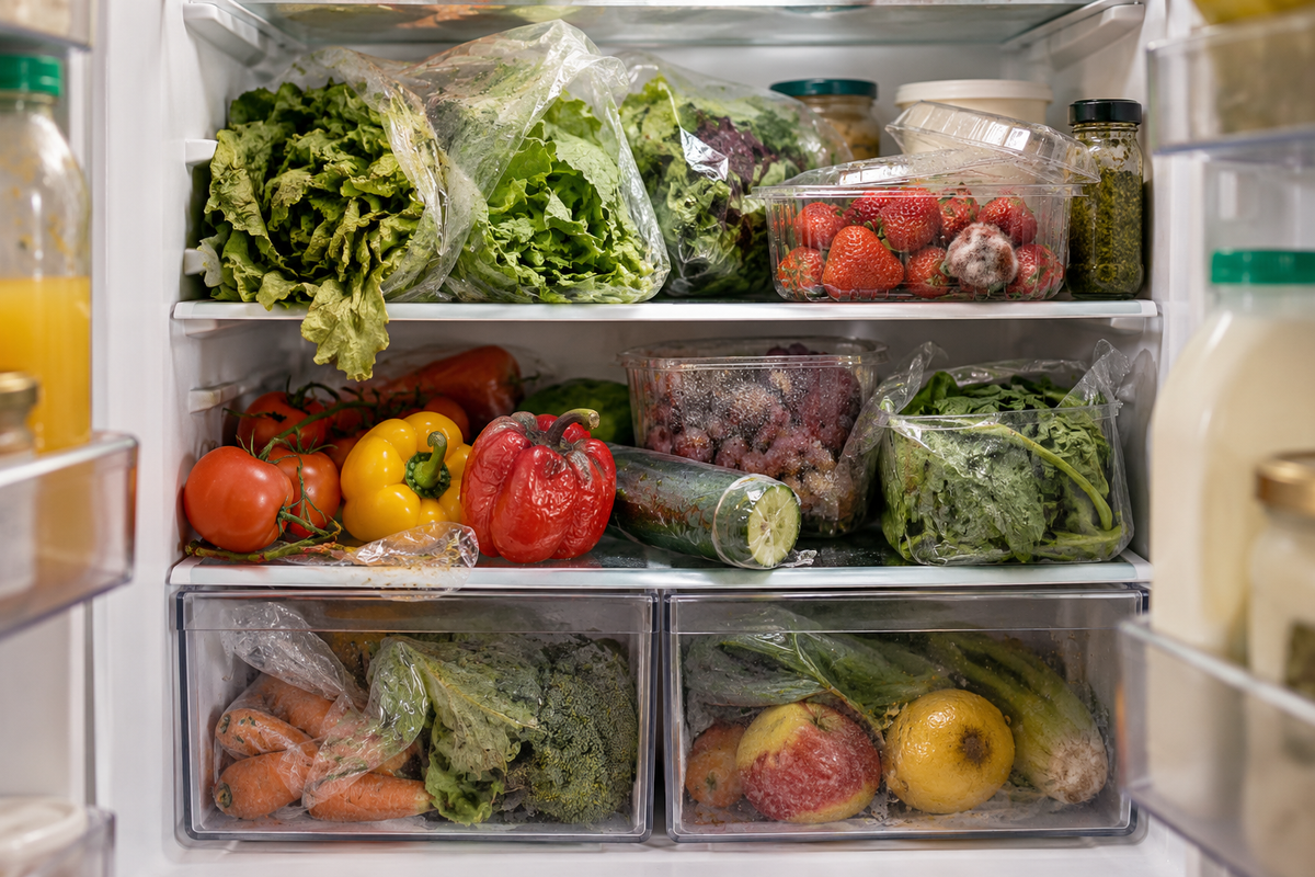 A fridge with spoiled strawberries, wilted lettuce in a plastic bag and mouldy peppers