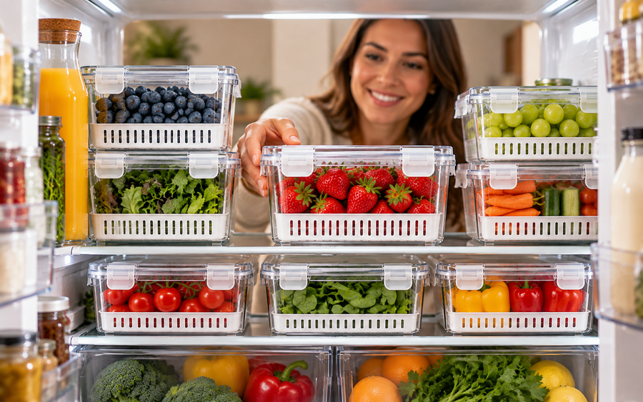 Fridge organised with clear Fresh-Keeper containers