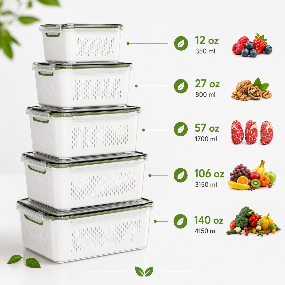 Five stacked containers of different sizes