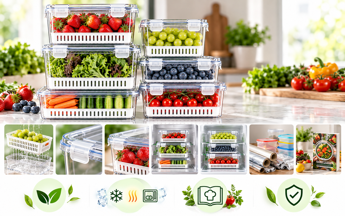 Fresh-Keeper: airtight locking lid, silicone sealing ring, removable colander and food-grade container
