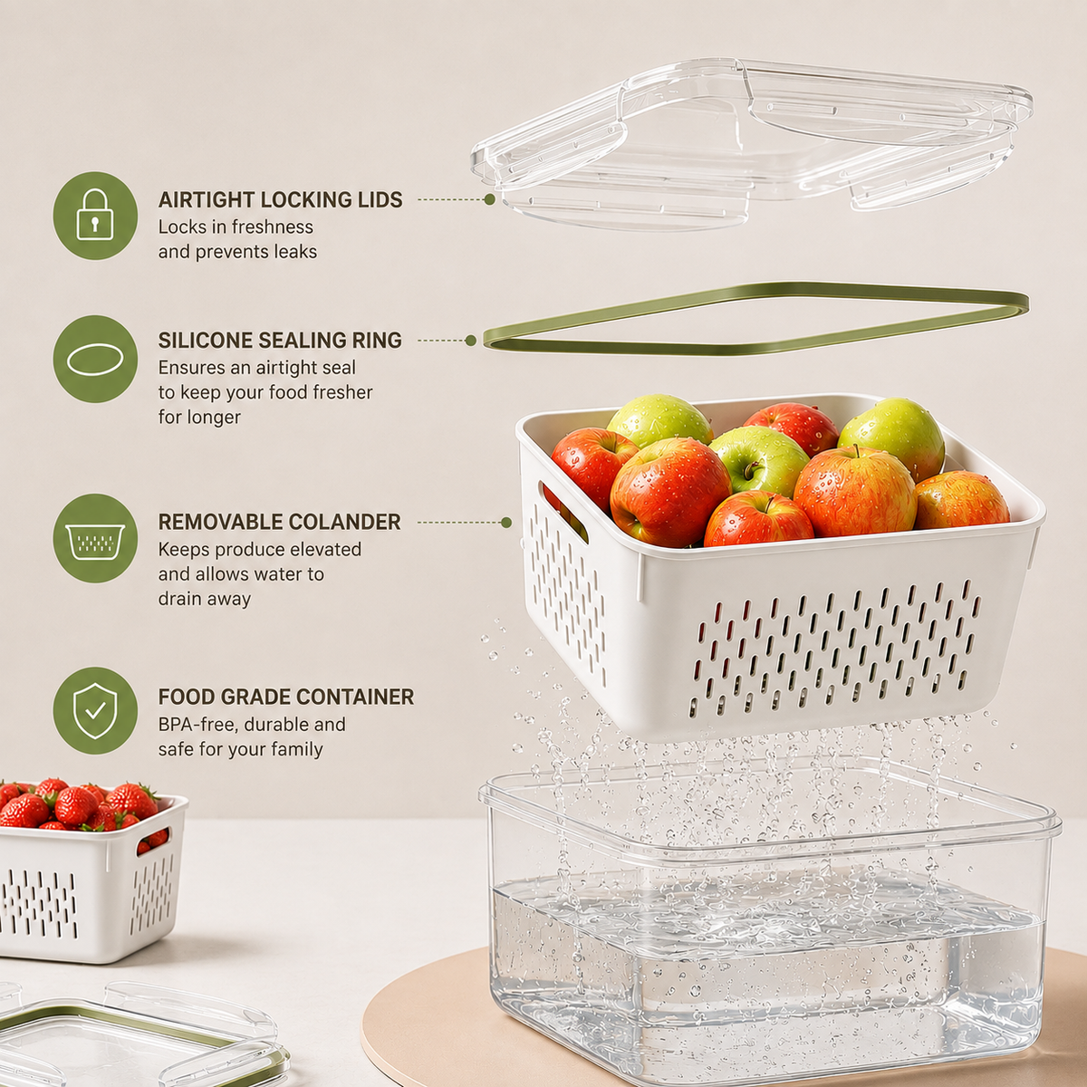 Exploded view showing lid, silicone ring, removable colander and container