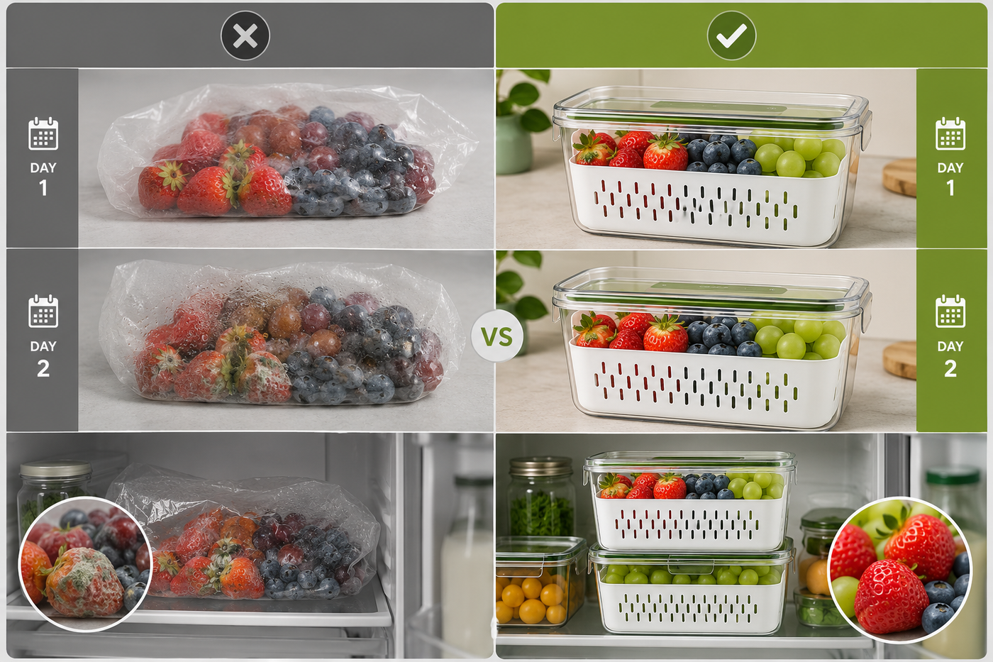 Day 1 and Day 2 comparison: berries loose in a bag go mouldy while berries in Mama's Daily stay fresh